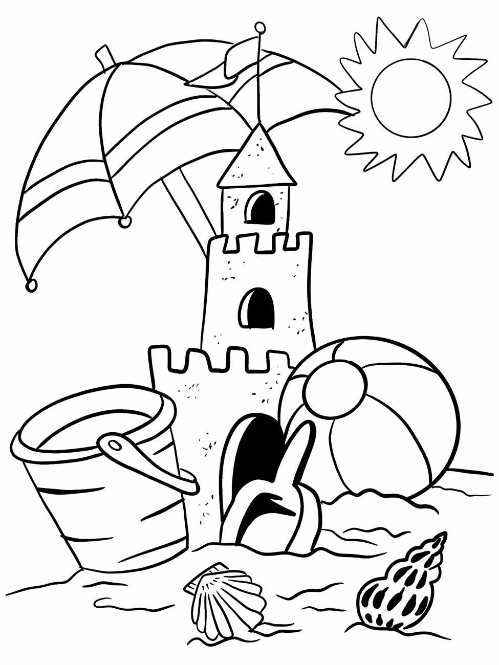 Desenho para colorir de um castelo de areia com balde e bola na praia.