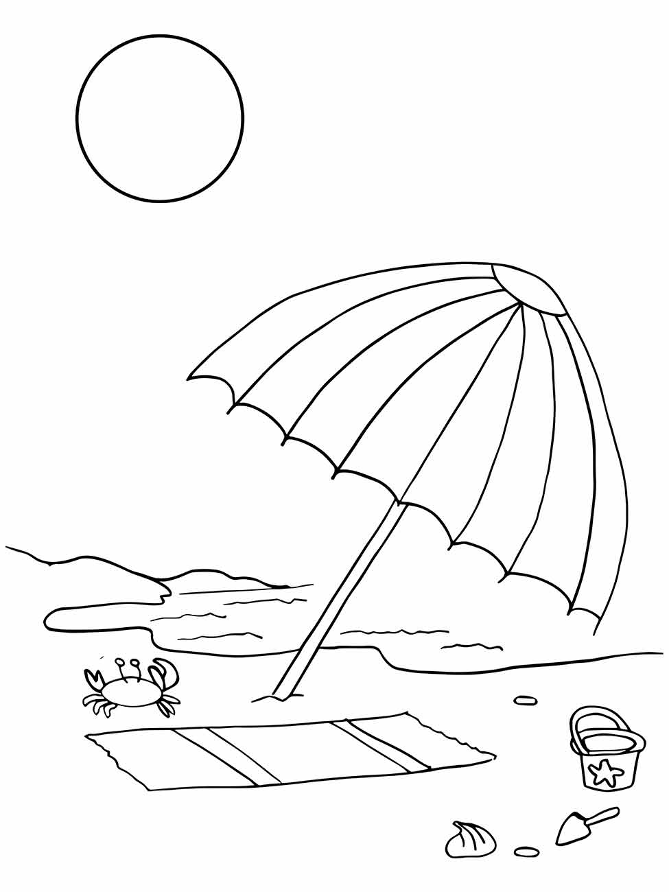 Desenho para colorir de um guarda-sol com caranguejo e balde na praia.