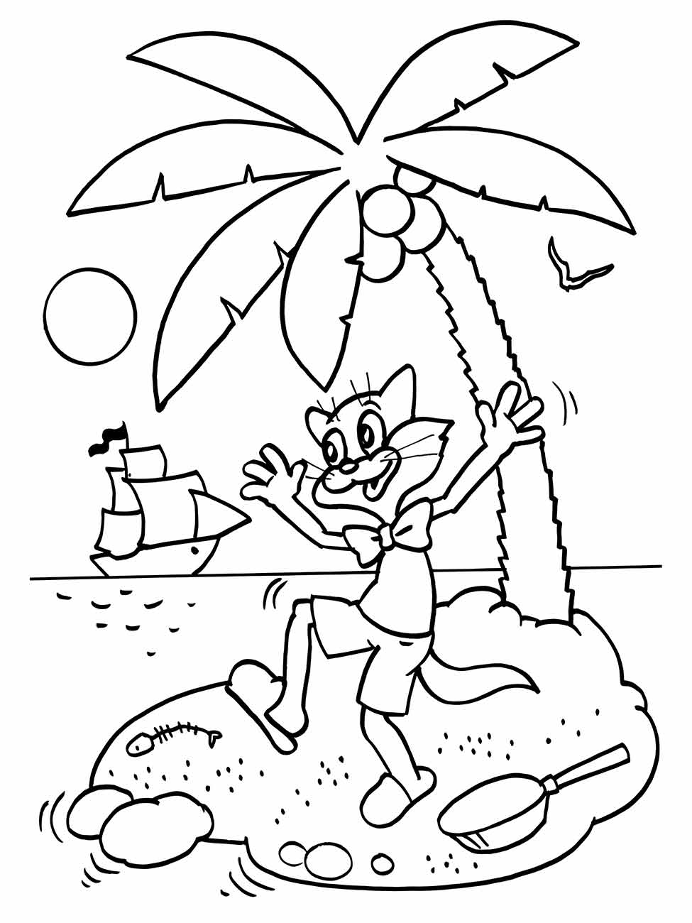 Desenho para colorir de um gato brincando na praia com palmeira e barco ao fundo.