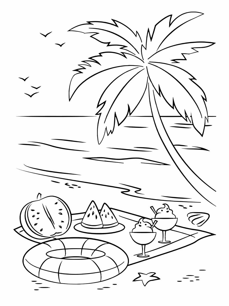 Desenho para colorir de um piquenique na praia com frutas e bebidas sob uma palmeira.