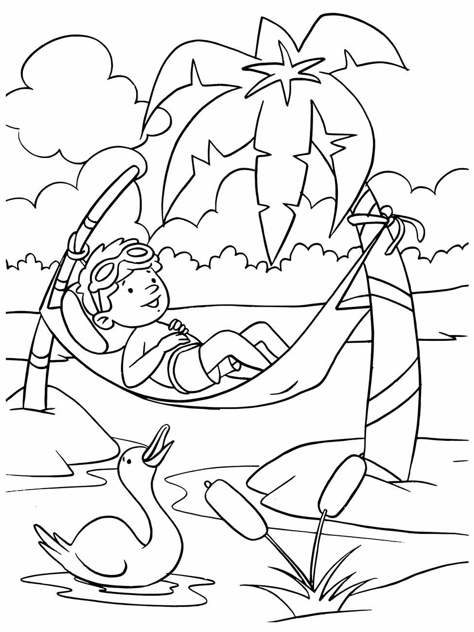 Desenho para colorir de criança relaxando em uma rede perto de um lago.