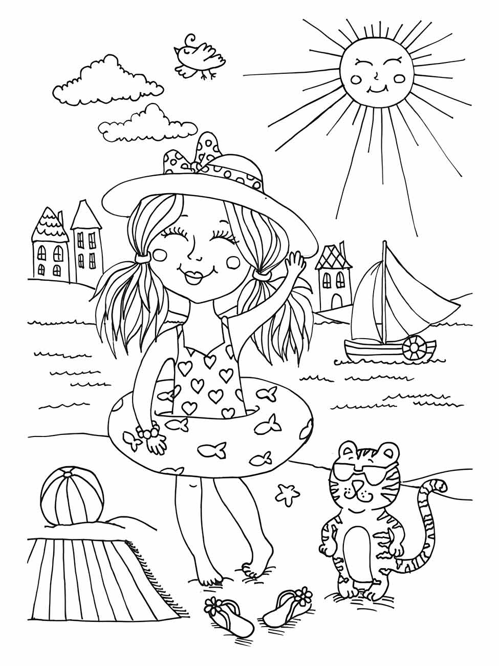 Desenho para colorir de uma menina com bóia e um gatinho na praia.