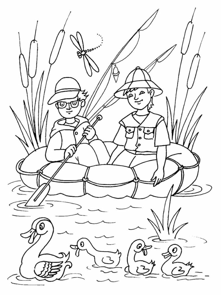 Desenho para colorir de duas crianças remando em um bote no lago.