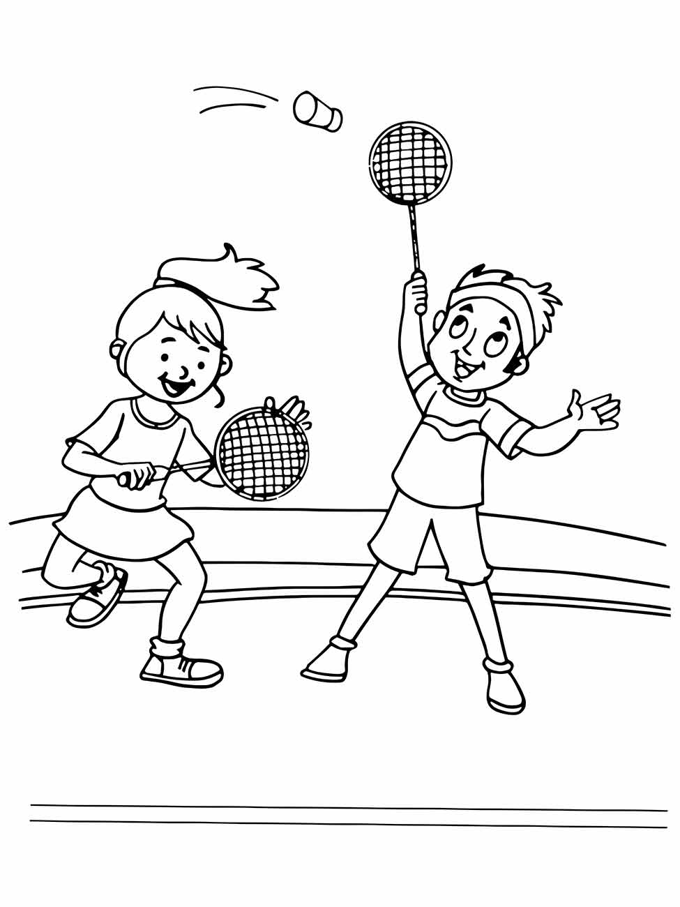 Desenho para colorir de crianças jogando badminton ao ar livre.