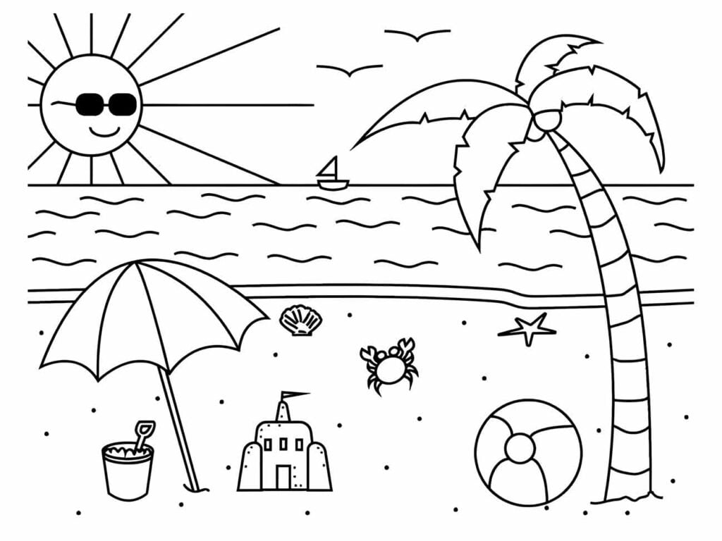 Desenho para colorir de uma praia com sol, coqueiro e castelo de areia.