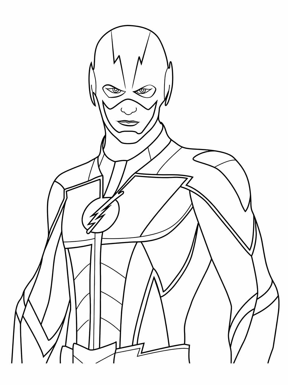 Desenho para colorir do Flash em close, mostrando detalhes do rosto e do uniforme.