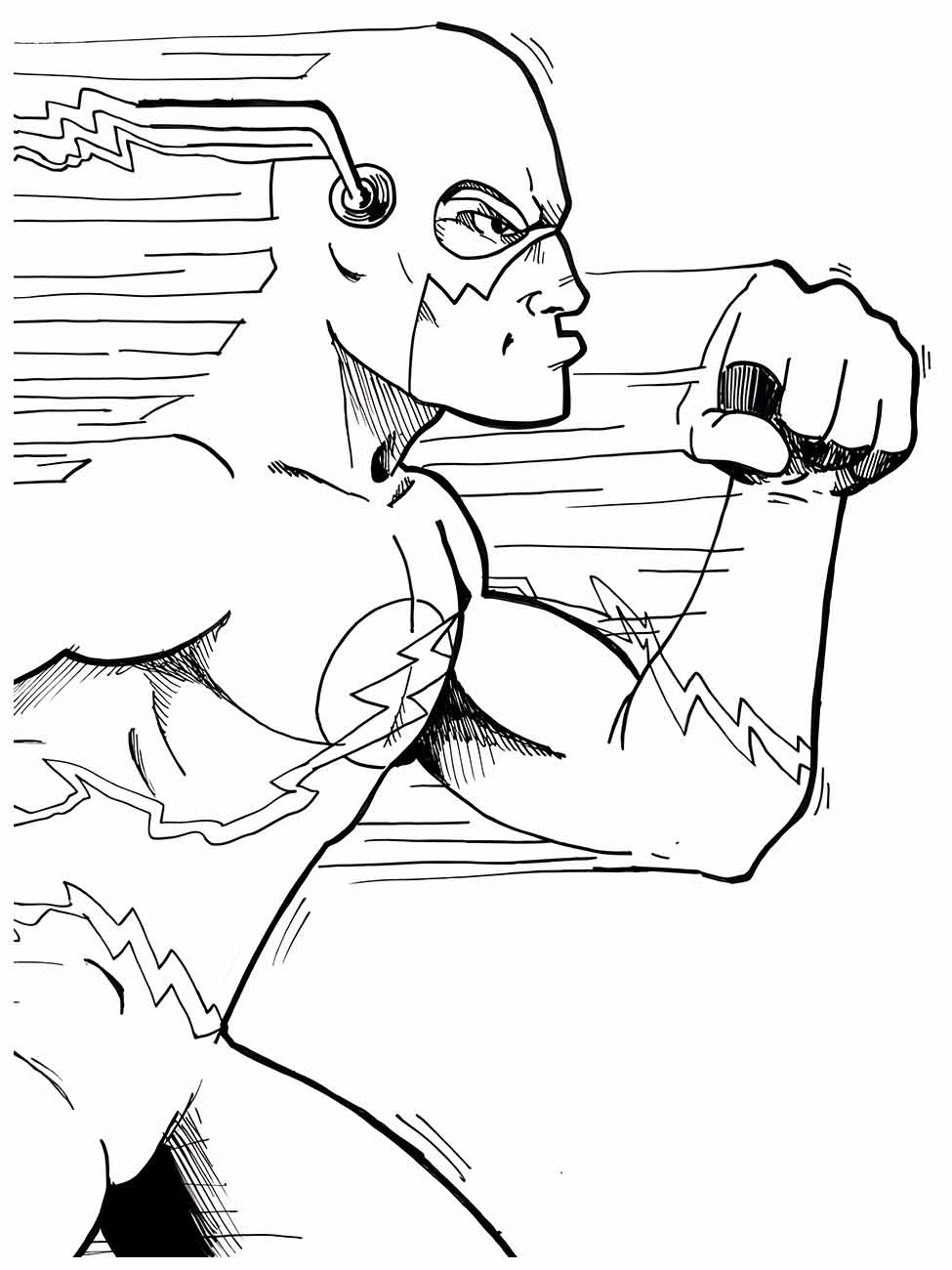 Desenho para colorir do Flash correndo de lado com expressão determinada.