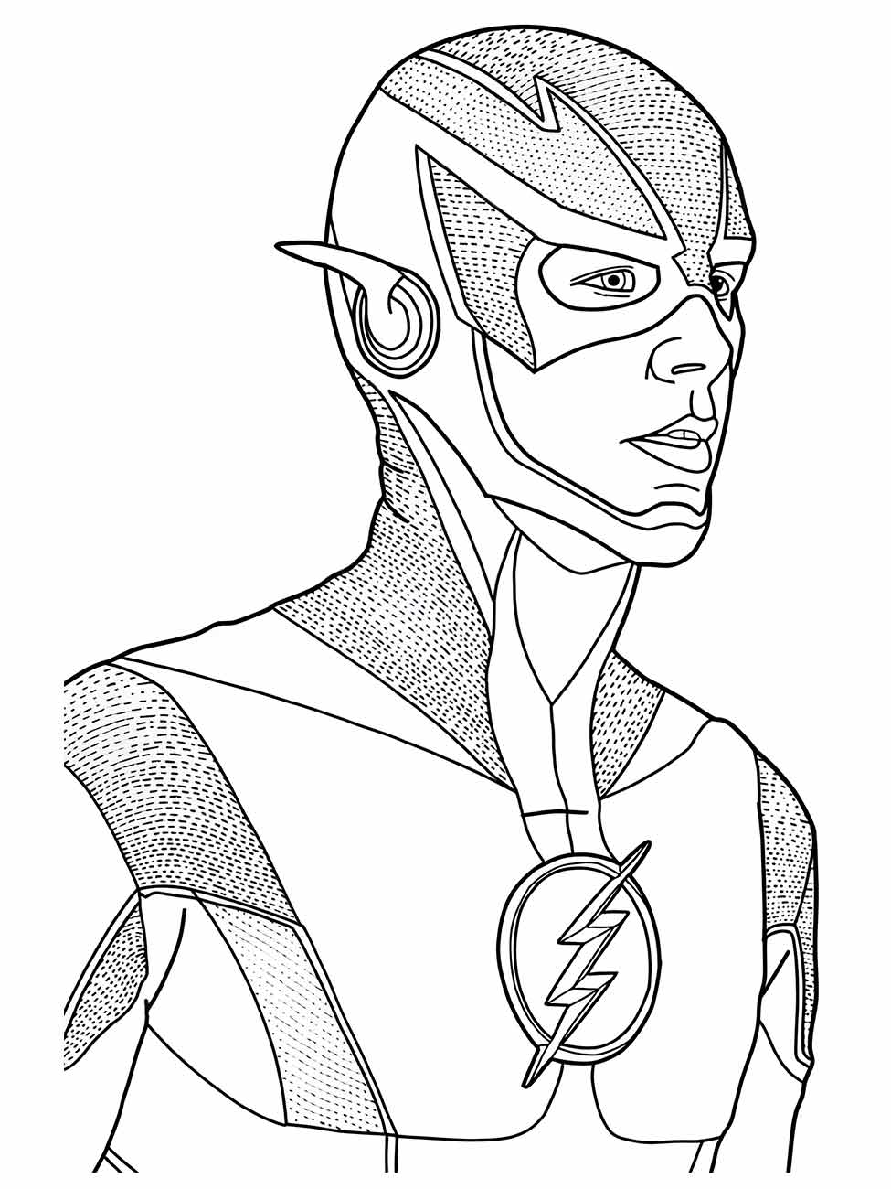 Desenho para colorir do Flash em pose heroica, com uma expressão confiante.