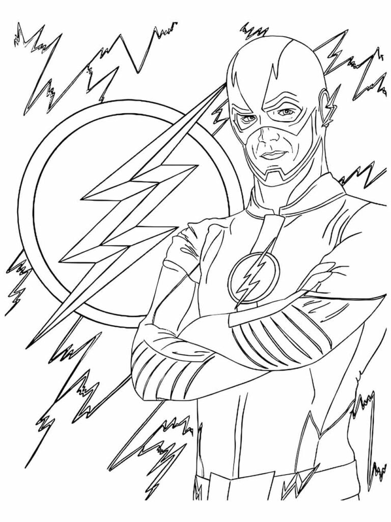 Desenho para colorir do Flash posando com os braços cruzados na frente de um símbolo de raio.