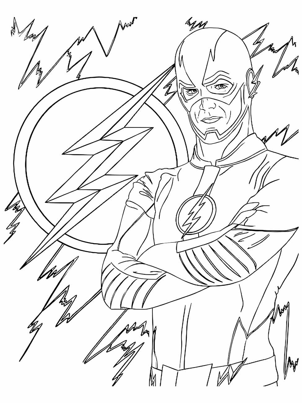 Desenho para colorir do Flash posando com os braços cruzados na frente de um símbolo de raio.