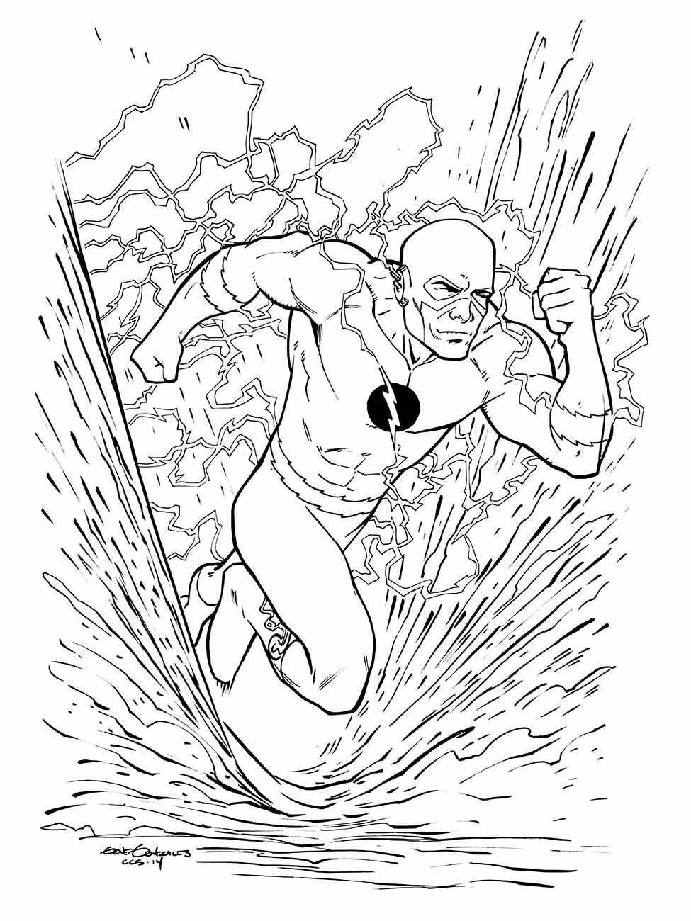 Desenho para colorir do Flash correndo com relâmpagos ao fundo.