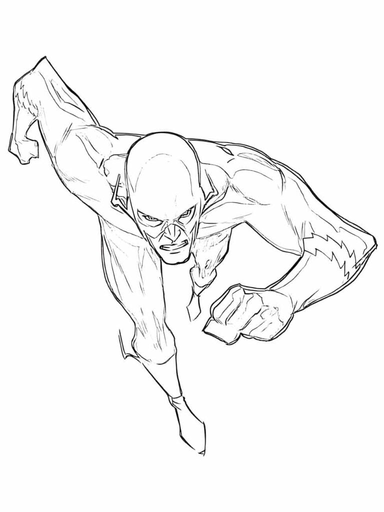 Desenho para colorir do Flash correndo com expressão determinada.