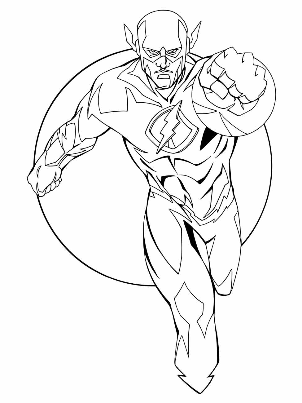 Desenho para colorir do Flash correndo com o punho erguido.