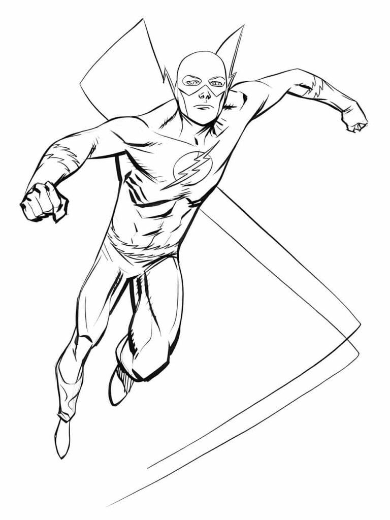 Desenho para colorir do Flash correndo com os punhos erguidos.