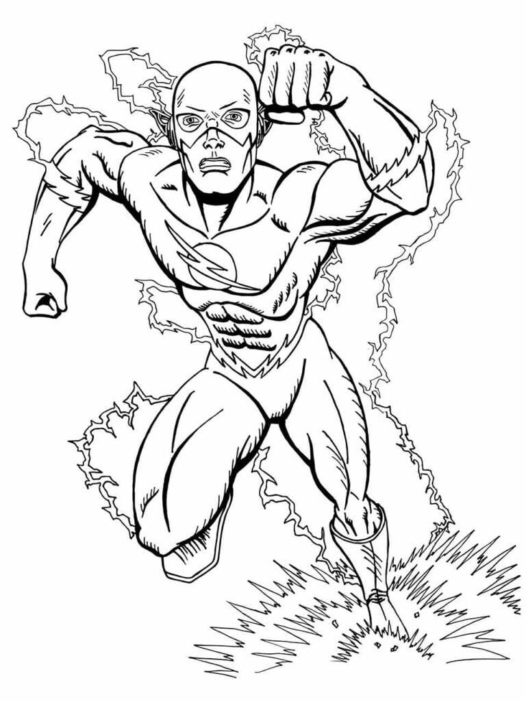 Desenho para colorir do Flash correndo com raios ao fundo.