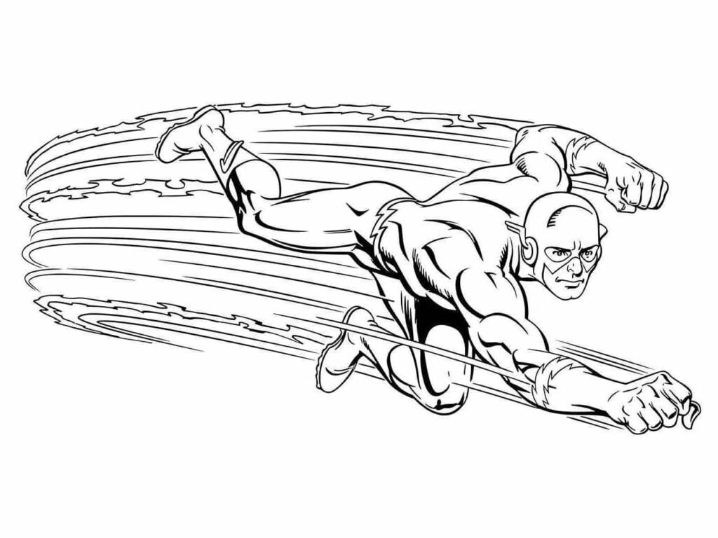 Desenho para colorir do Flash em ação com efeitos de velocidade.