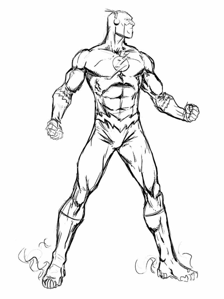 Desenho para colorir do Flash posando em posição de combate.