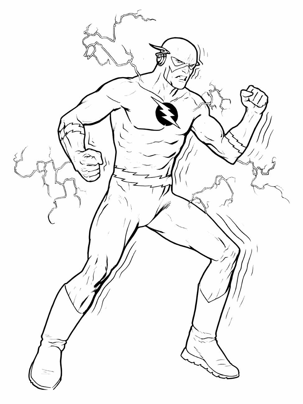 Desenho para colorir do Flash em posição de combate com raios ao fundo.