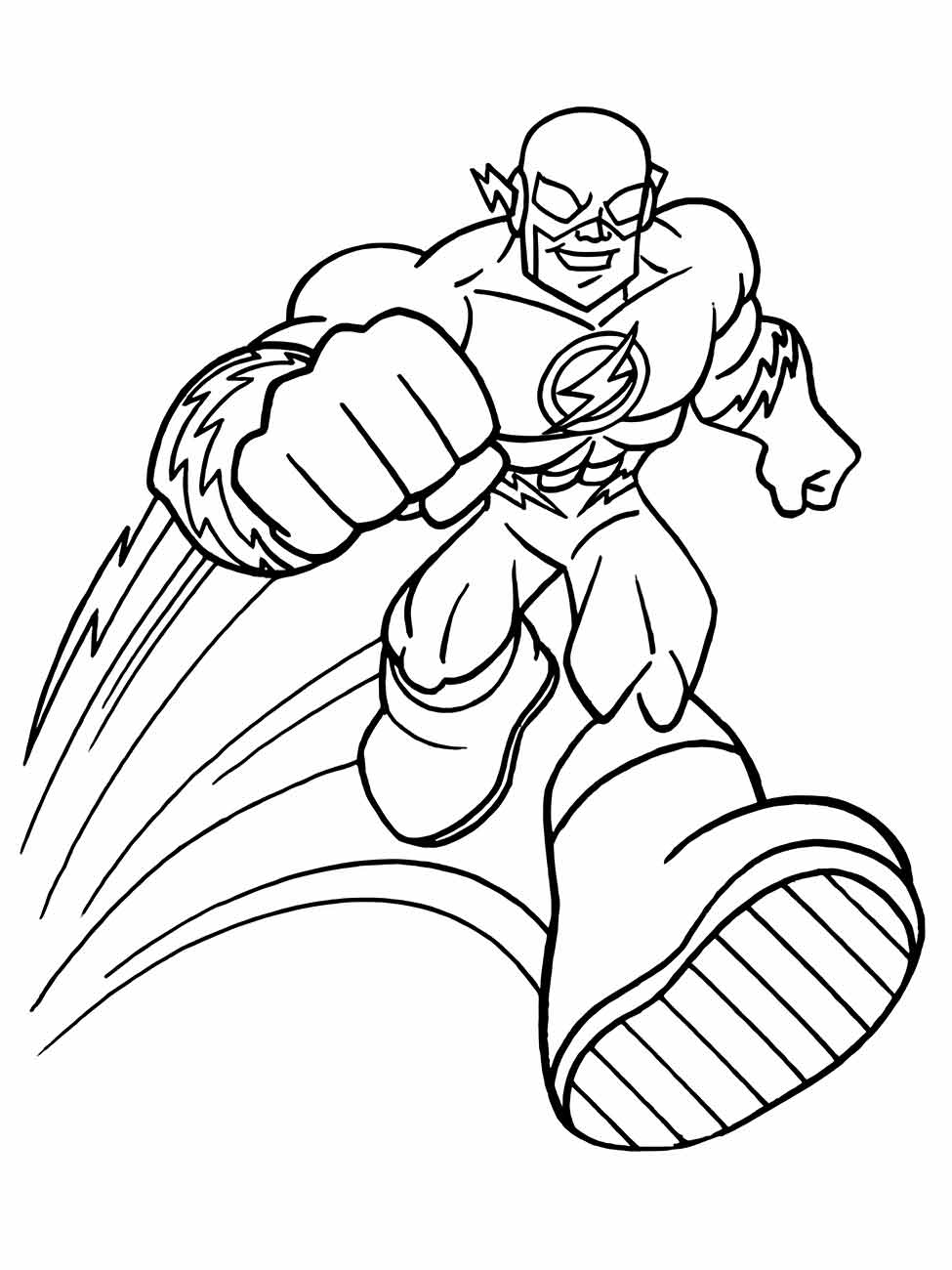 Desenho para colorir do Flash correndo com o punho à frente.