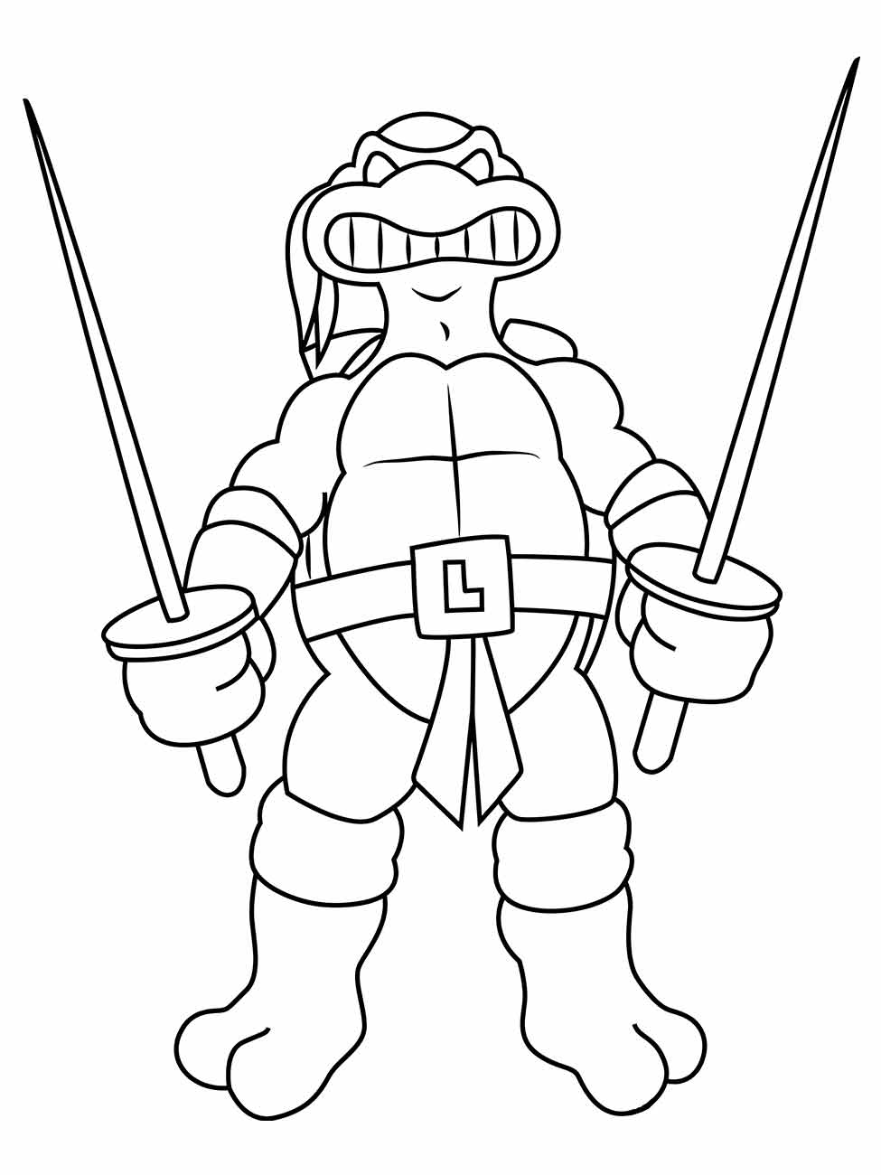 desenho para colorir de Leonardo de tartaruga ninjas segurando duas espadas levantadas.