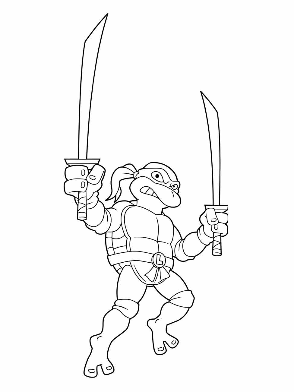 desenho para colorir de Leonardo de tartaruga ninjas segurando duas espadas.