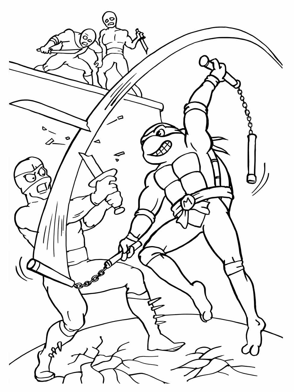 desenho para colorir de Michelangelo de tartaruga ninjas lutando contra inimigos com nunchaku.