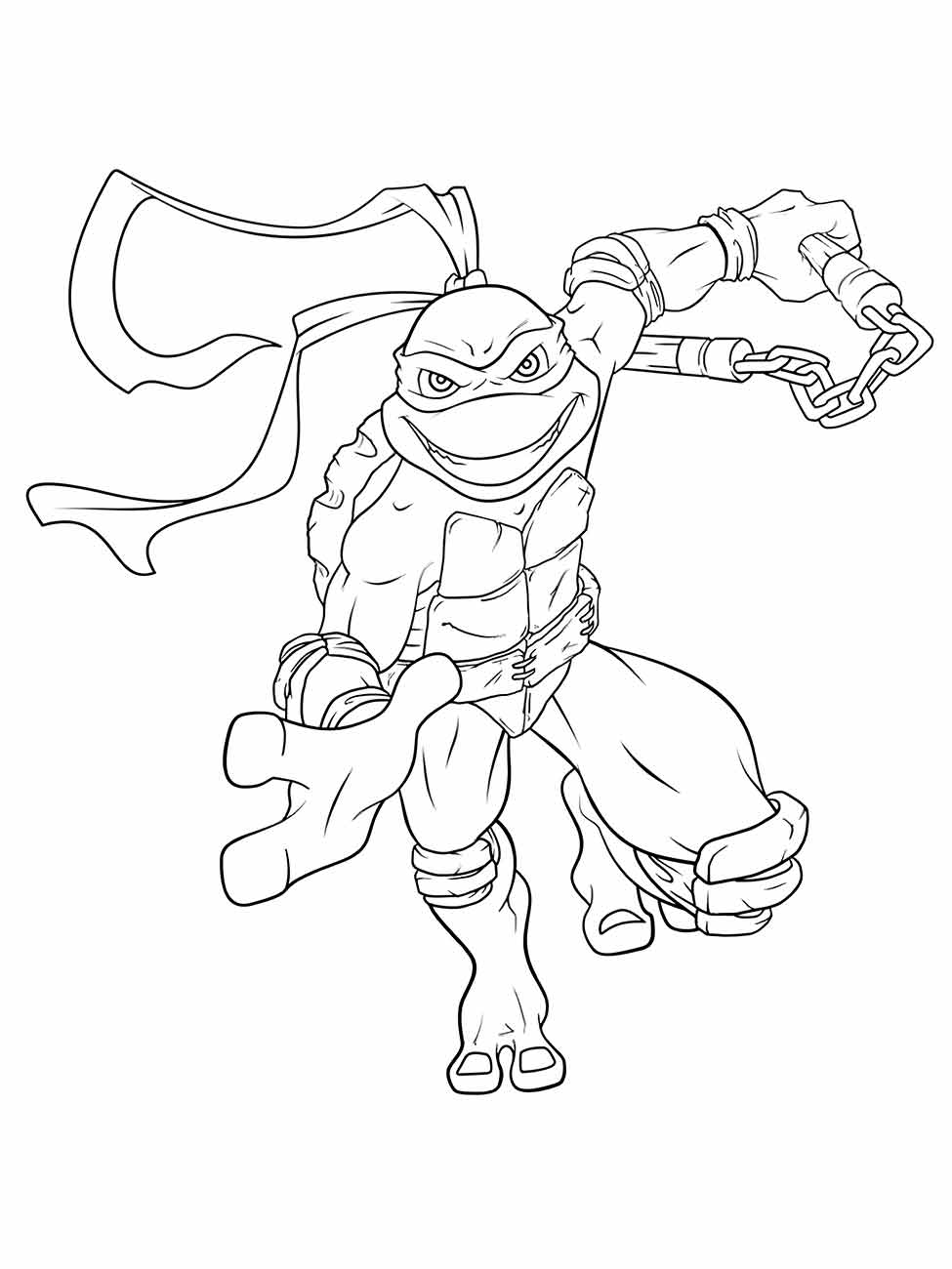 desenho para colorir de Michelangelo de tartaruga ninjas pulando com nunchaku.