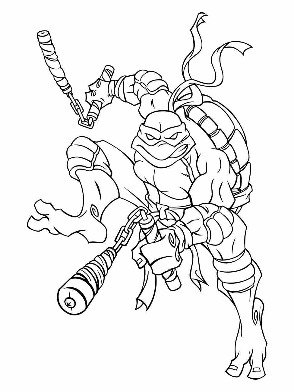 desenho para colorir de Michelangelo de tartaruga ninjas pulando com nunchaku.