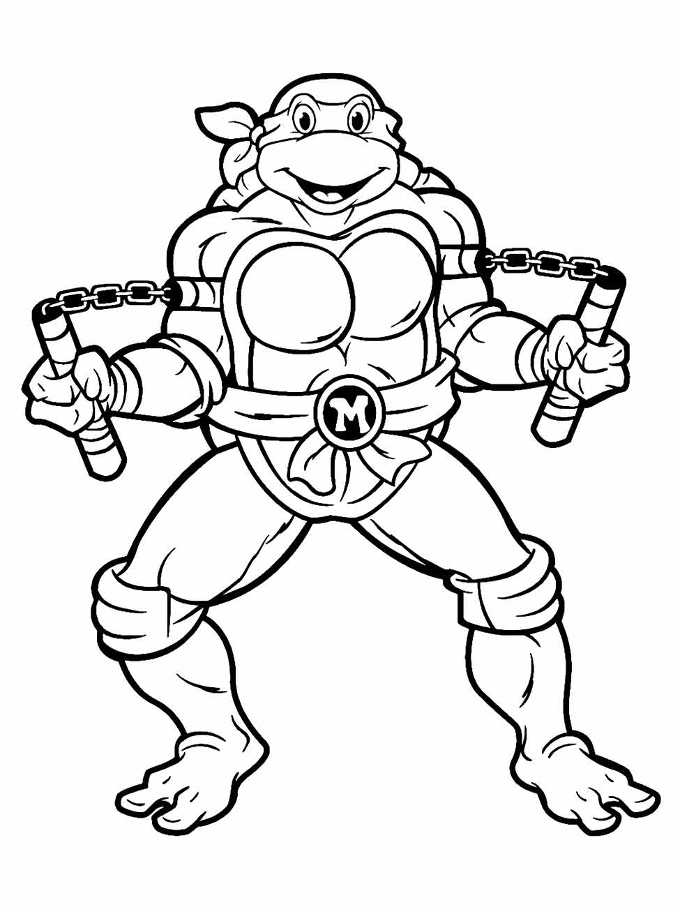 Michelangelo, uma tartaruga ninja com uma faixa laranja e segurando nunchakus, desenho para colorir.