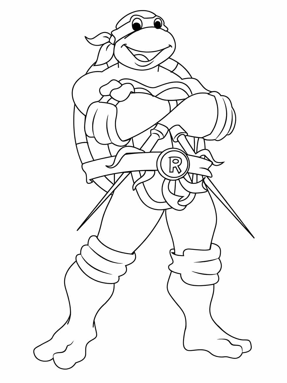 desenho para colorir de Raphael de tartaruga ninjas com os braços cruzados e segurando sais.