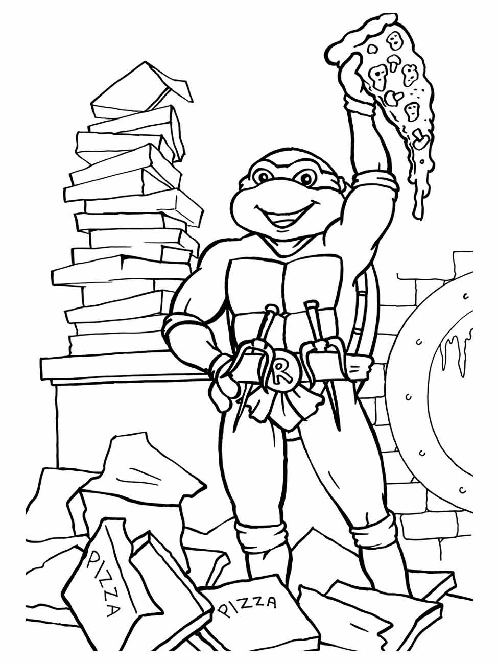 Raphael segurando uma fatia de pizza em meio a caixas de pizza, desenho para colorir.