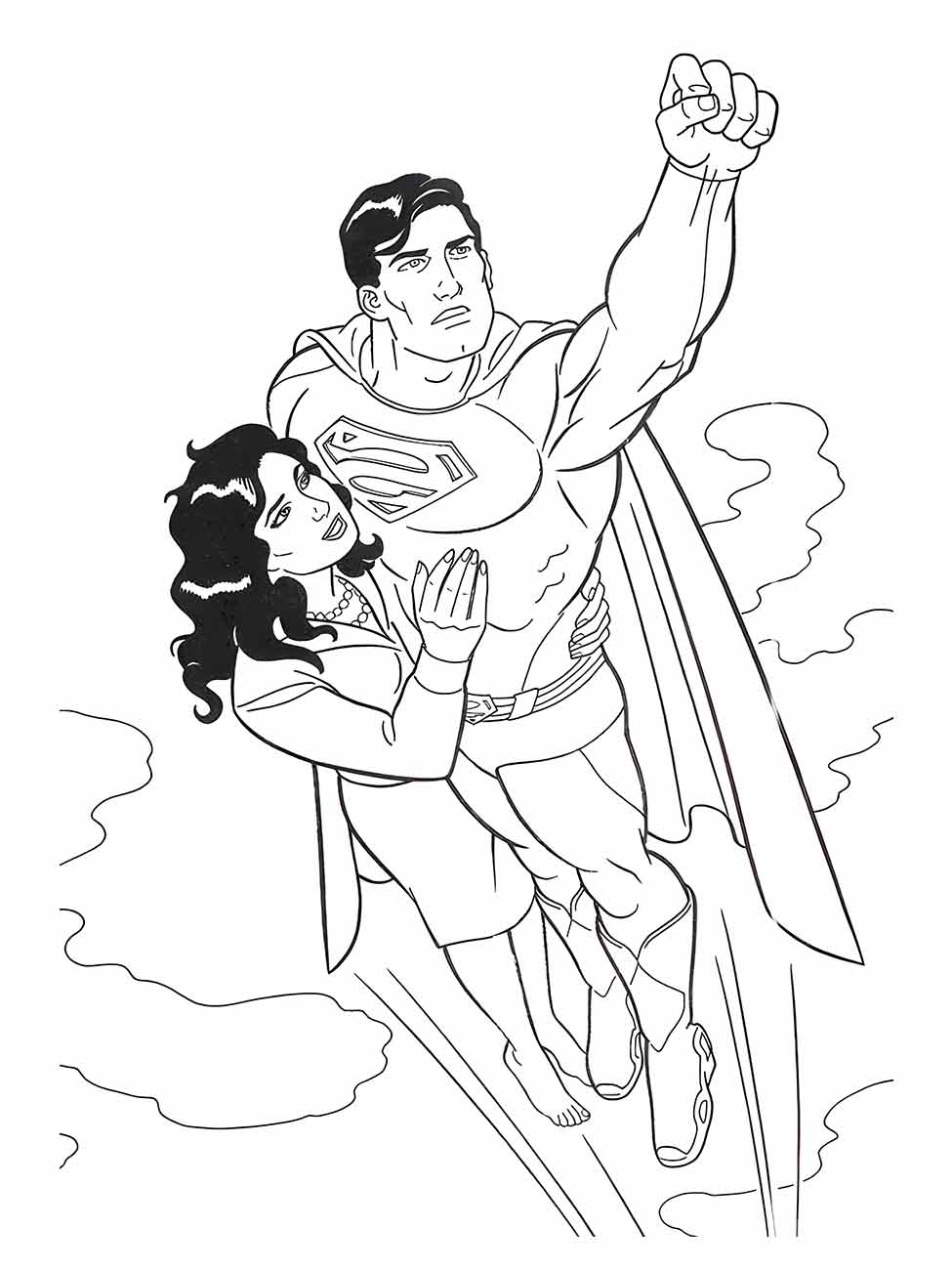 Desenho para colorir do Super-Homem voando com Lois Lane nos braços.