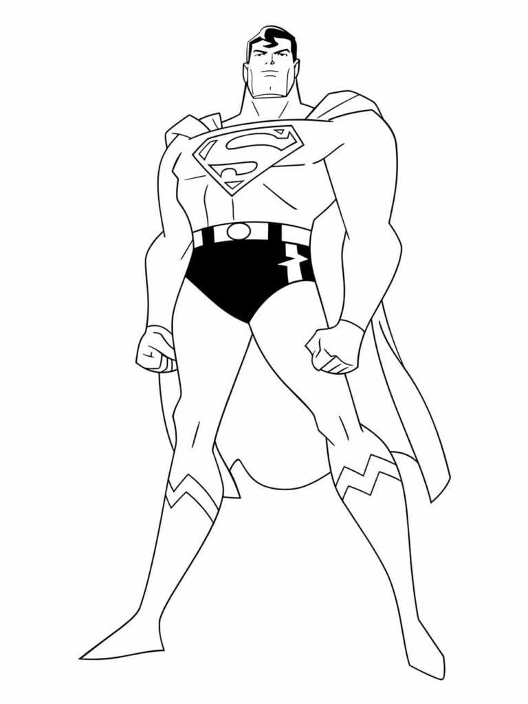 Desenho para colorir do Super-Homem em pé, estilo clássico com capa.