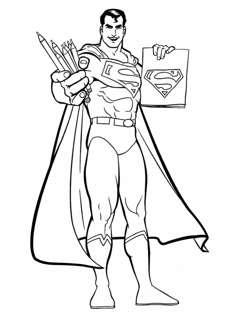 Desenho para colorir do Super-Homem segurando lápis e um caderno.