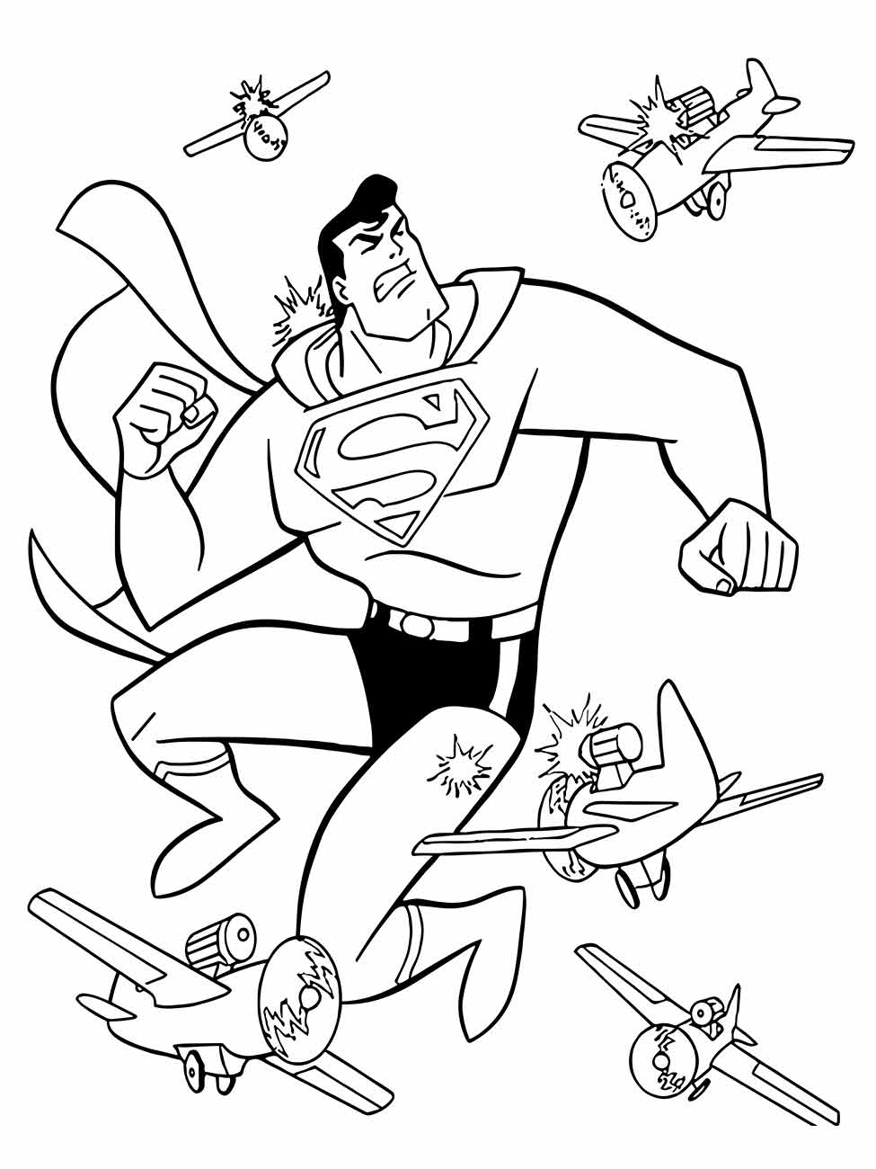 Desenho para colorir do Super-Homem em combate aéreo com aviões.