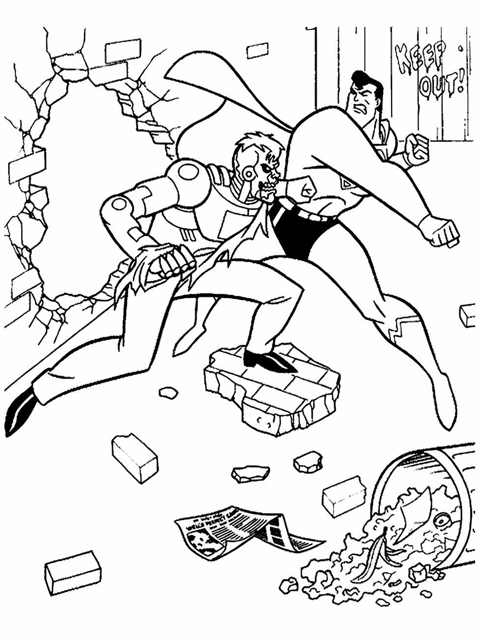 Desenho para colorir do Super-Homem combatendo um vilão com soco.