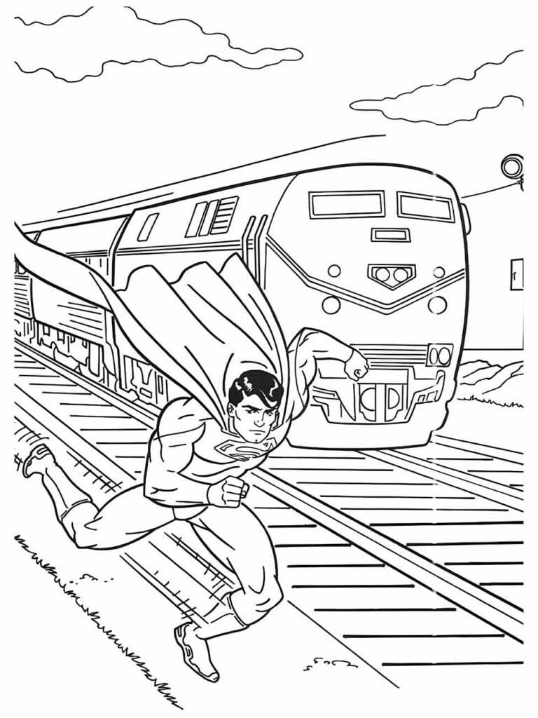 Desenho para colorir do Super-Homem correndo ao lado de um trem.