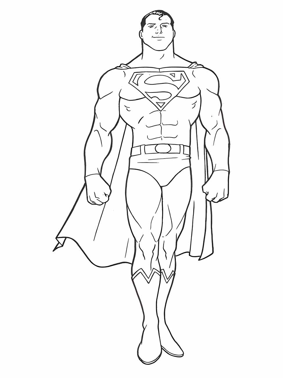 Desenho para colorir do Super-Homem em pé, sorrindo e com capa.