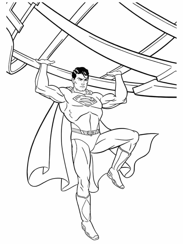 Desenho para colorir do Super-Homem erguendo uma estrutura metálica pesada.