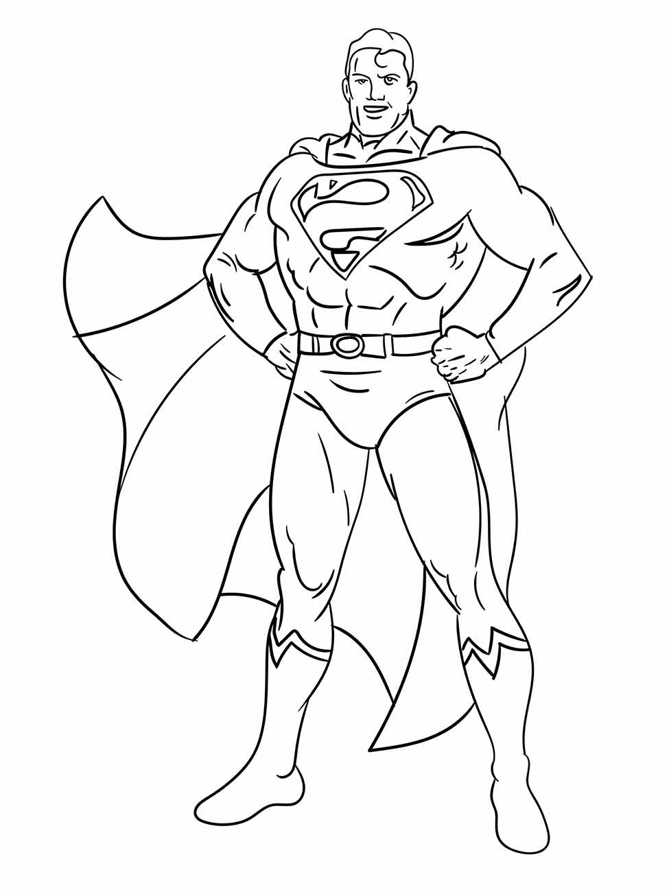 Desenho para colorir do Super-Homem em pé com expressão feliz e mãos na cintura.