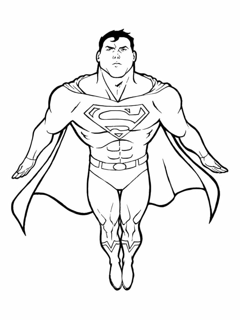 Desenho para colorir do Super-Homem flutuando com os braços estendidos.