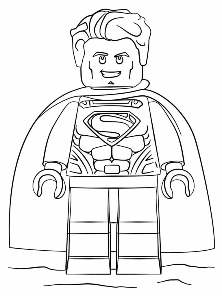 Desenho para colorir do Super-Homem em versão LEGO com expressão séria.