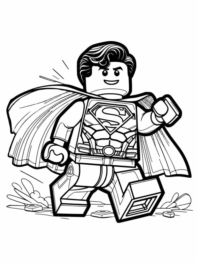 Desenho para colorir do Super-Homem em versão LEGO com expressão feliz e capa.