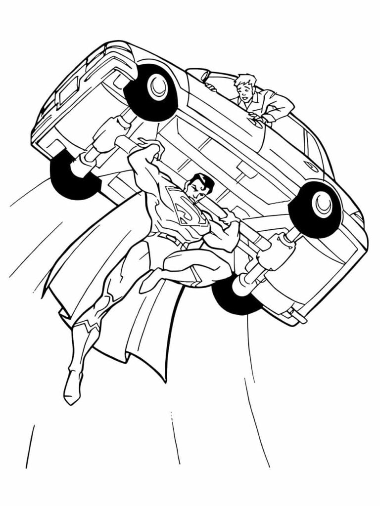 Desenho para colorir do Super-Homem levantando um carro para salvar uma pessoa.