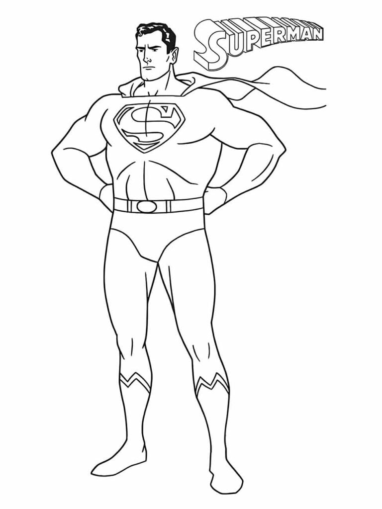 Desenho para colorir do Super-Homem de pé com as mãos na cintura.