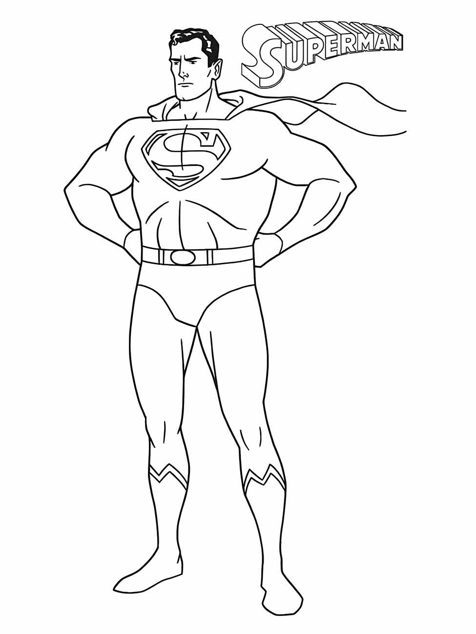 Desenho para colorir do Super-Homem de pé com as mãos na cintura.