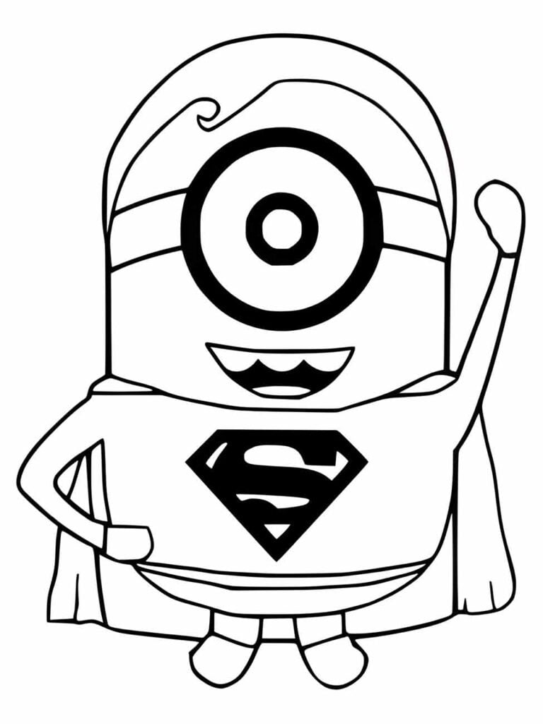 Desenho para colorir do Super-Homem em versão Minion com um braço levantado.