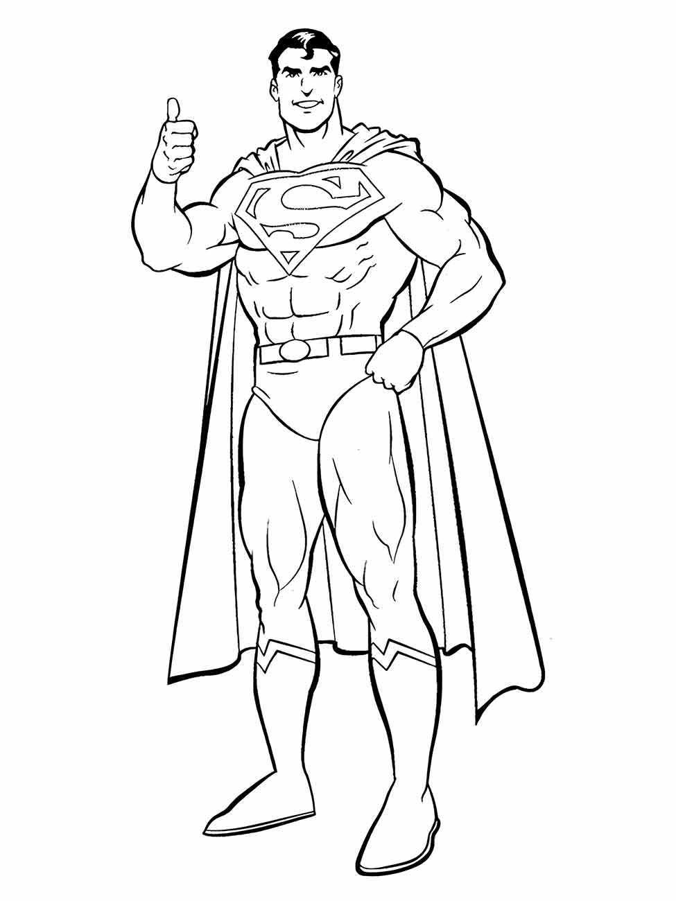 Desenho para colorir do Super-Homem de pé com o polegar levantado.