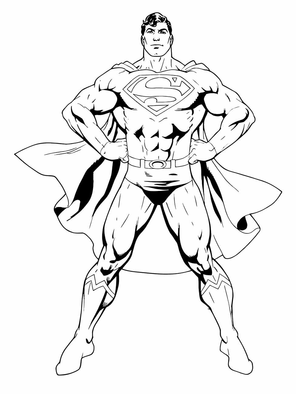 Desenho para colorir do Super-Homem em postura confiante com as mãos na cintura