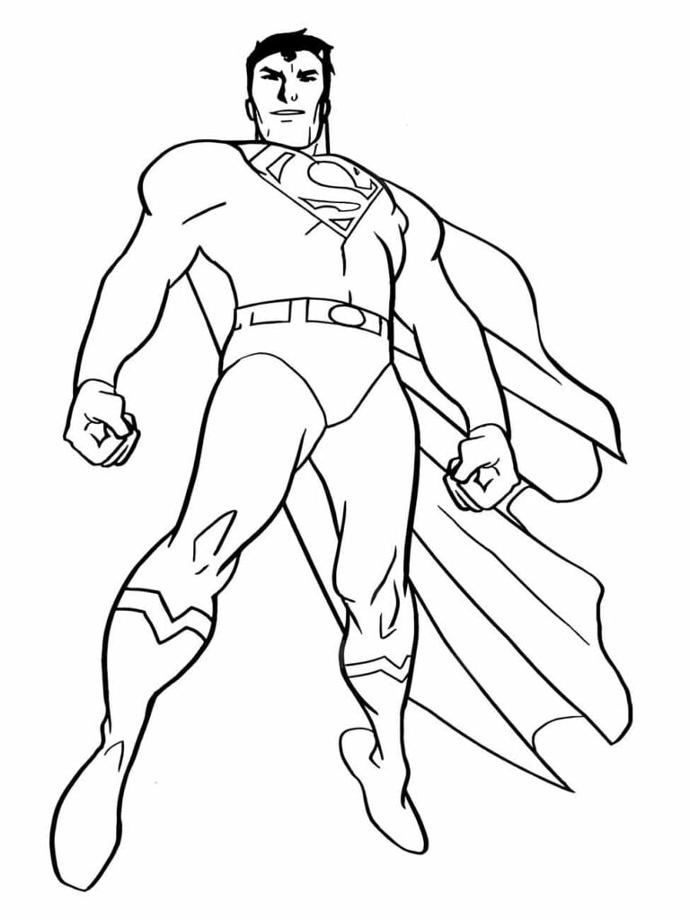 Desenho para colorir do Super-Homem de pé em postura heroica, pronto para ação.